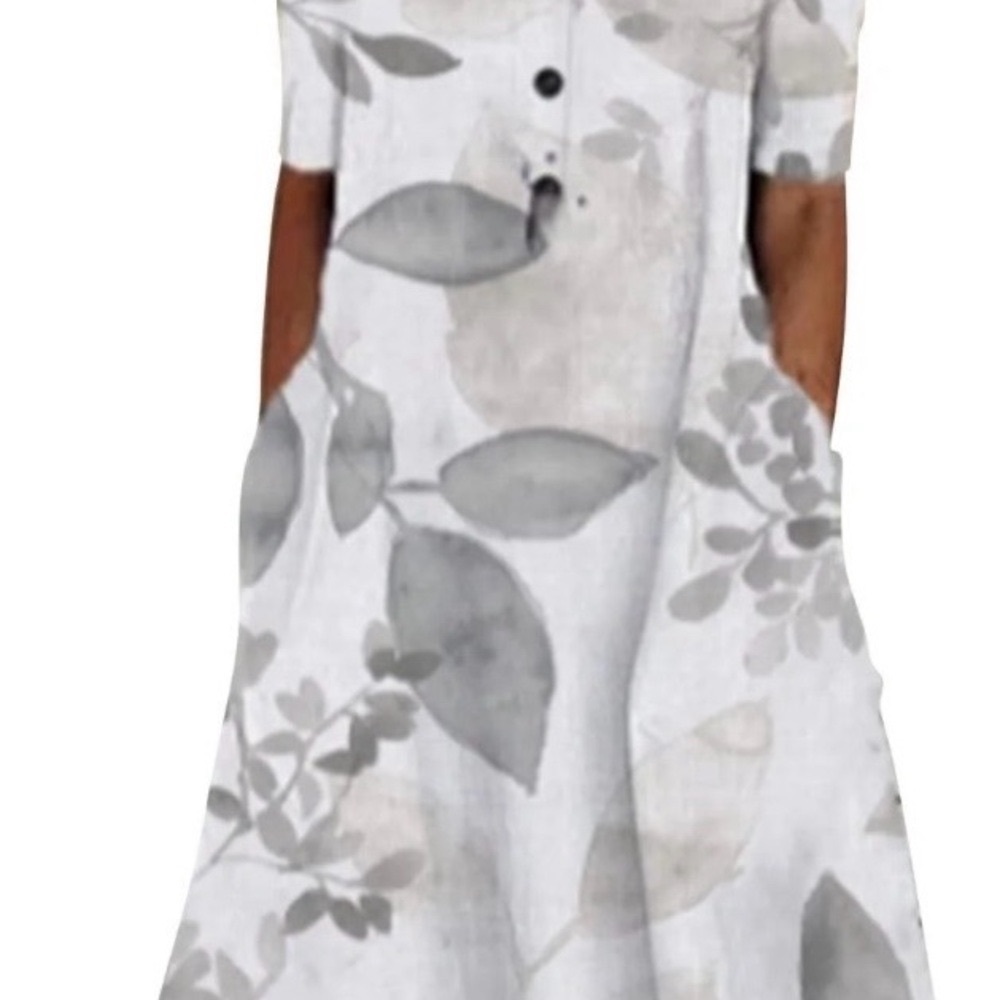 Casual Gray and Blue Leaf Print Midi Dress